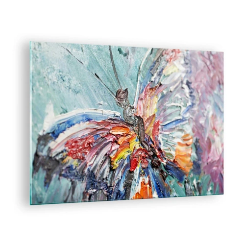 Impression sur verre - Image sur verre - Papillon coloré dans un style abstrait sur fond bleu - 70x50cm - Peint par nature - Décoration murale moderne pour le salon et la chambre ARTTOR