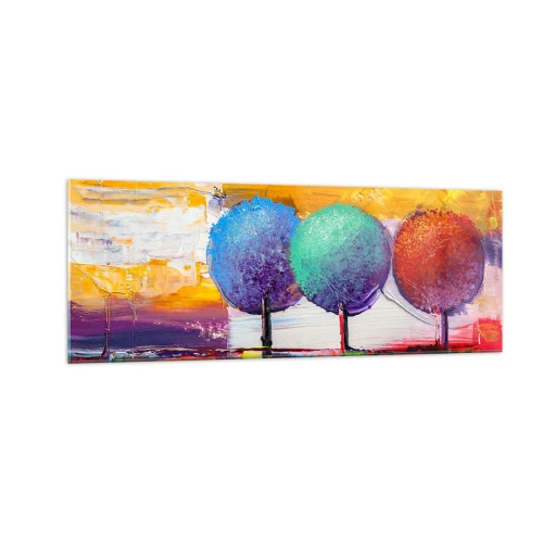 Impression sur verre - Image sur verre - Trois arbres colorés sur un fond abstrait - 140x50cm - Art jusqu'à trois - Décoration murale moderne pour le salon et la chambre ARTTOR
