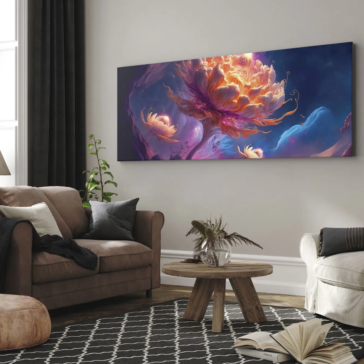 Impression sur toile - Image sur toile - Fleurs fantastiques dans un paysage cosmique - 120x50cm - Un autre monde - Décoration murale moderne pour le salon et la chambre ARTTOR
