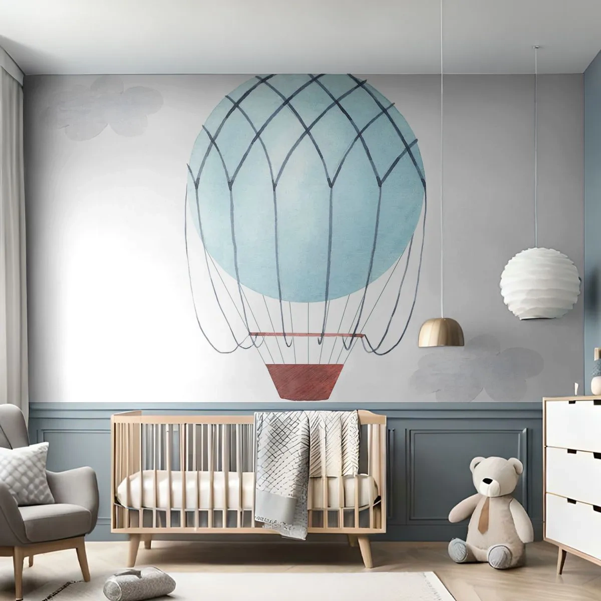 Papier Peint Photo Premium Sand - Un ballon bleu flottant parmi des nuages blancs - 100x70cm - Entièrement dans les nuages - Décoration murale moderne pour le salon et la chambre ARTTOR