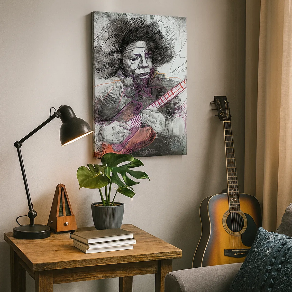 Impression sur toile - Image sur toile - Portrait artistique d'un guitariste en technique d'esquisse - 50x70cm - Sur les vagues de la musique - Décoration murale moderne pour le salon et la chambre ARTTOR