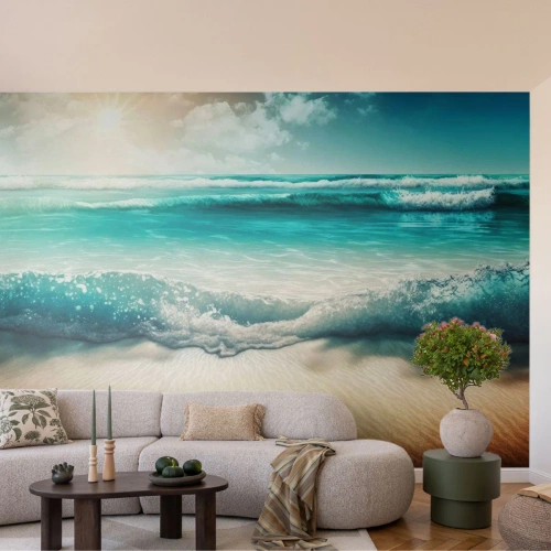 Papier Peint Photo Premium Canvas - Vagues de l'océan sur une plage de sable clair - 100x70cm - La paix de l'océan - Décoration murale moderne pour le salon et la chambre ARTTOR