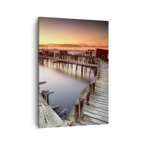 Impression sur toile - Image sur toile - Jetées en bois sur une eau calme au coucher du soleil - 50x70cm - Authentique, pas un attrape touristique - Décoration murale moderne pour le salon et la chambre ARTTOR