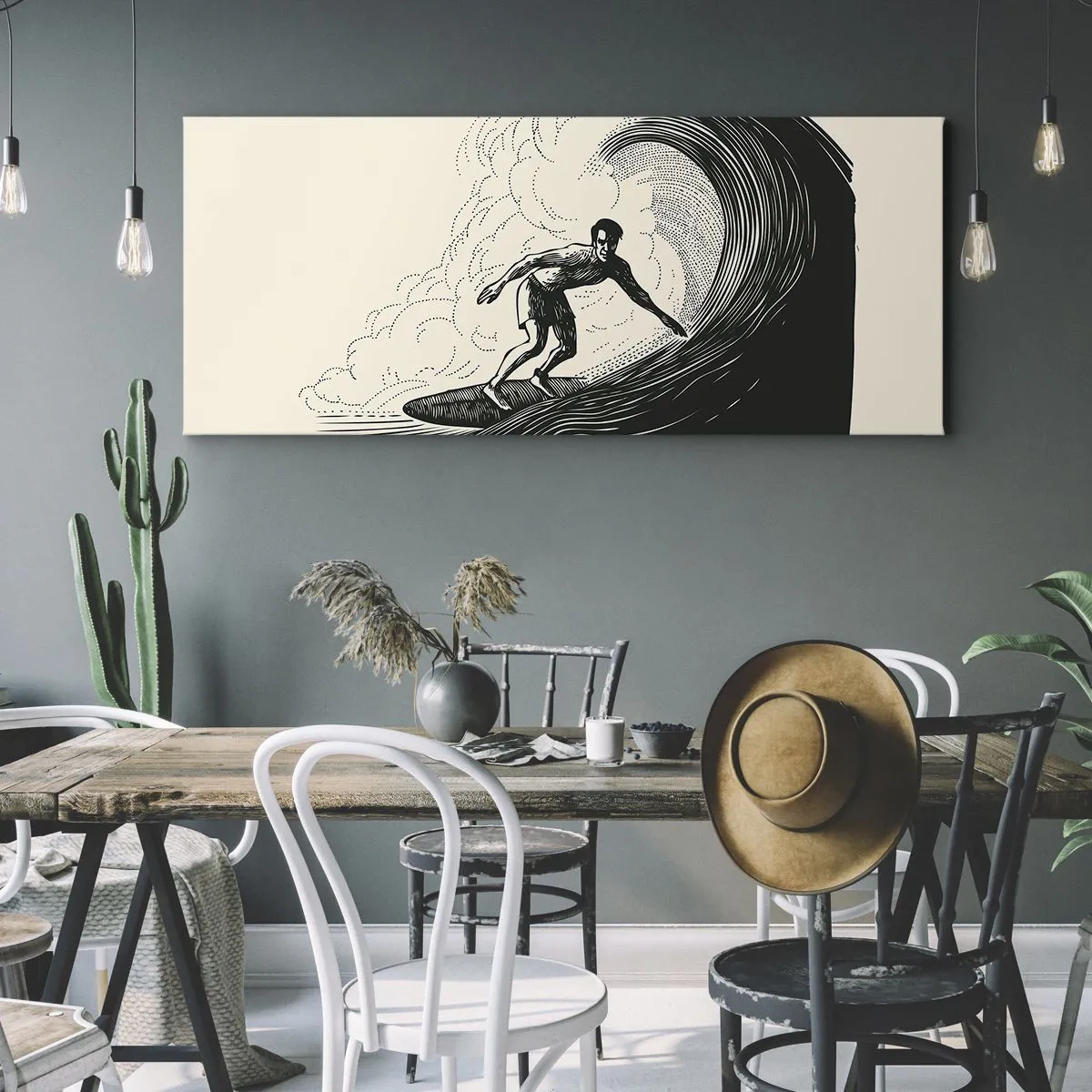 Impression sur toile - Image sur toile - Graphique en noir et blanc d'un surfeur sur une vague - 140x50cm - Le roi de la vague - Décoration murale moderne pour le salon et la chambre ARTTOR