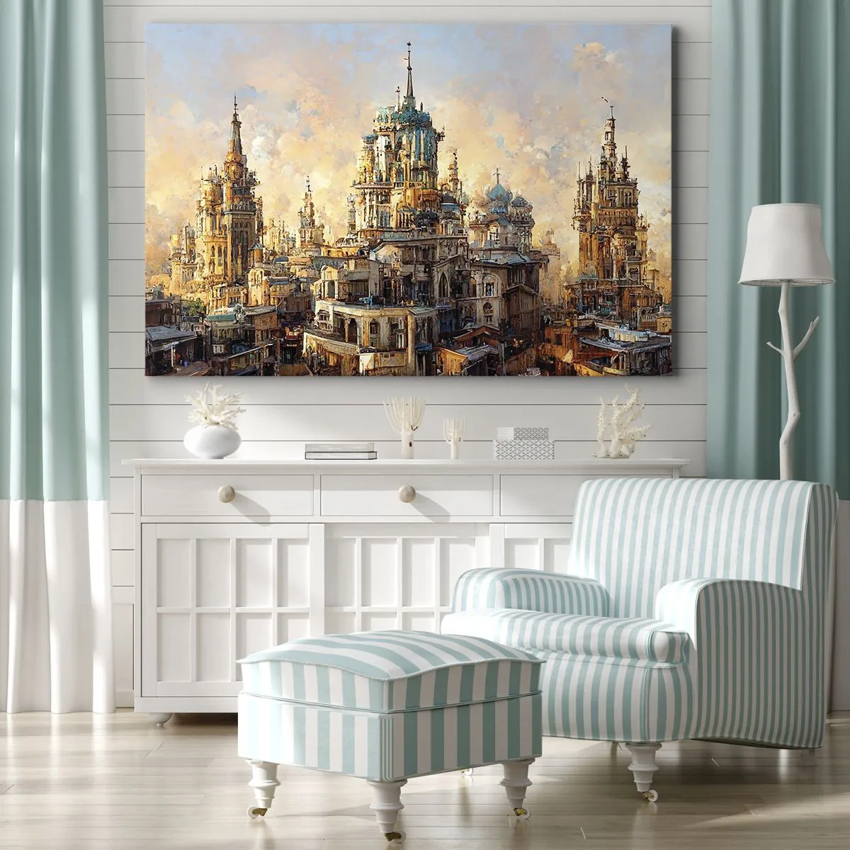Impression sur toile - Image sur toile - Tours architecturales dans les rayons du soleil couchant - 70x50cm - Ville des villes - Décoration murale moderne pour le salon et la chambre ARTTOR