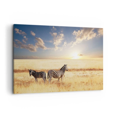 Impression sur toile - Image sur toile - Deux zèbres dans la savane sous les rayons du soleil couchant - 100x70cm - Va-t'en, n'ai pas de paix - Décoration murale moderne pour le salon et la chambre ARTTOR