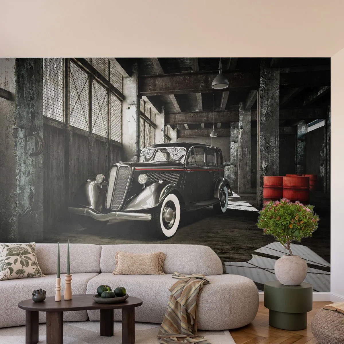 Papier Peint Autocollant Deluxe Sticker - L'élégance éternelle des années 30 - Automobile, Voiture rétro, Entrepôt d'usine - 250x175 cm