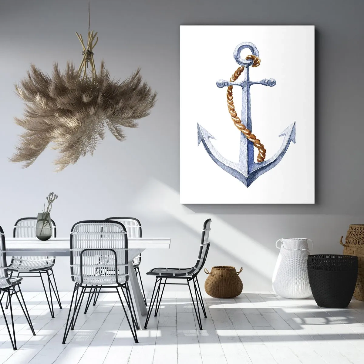 Impression sur toile - Image sur toile - Ancre avec corde dans un style aquarelle - 50x70cm - Ah l'aventure ! - Décoration murale moderne pour le salon et la chambre ARTTOR