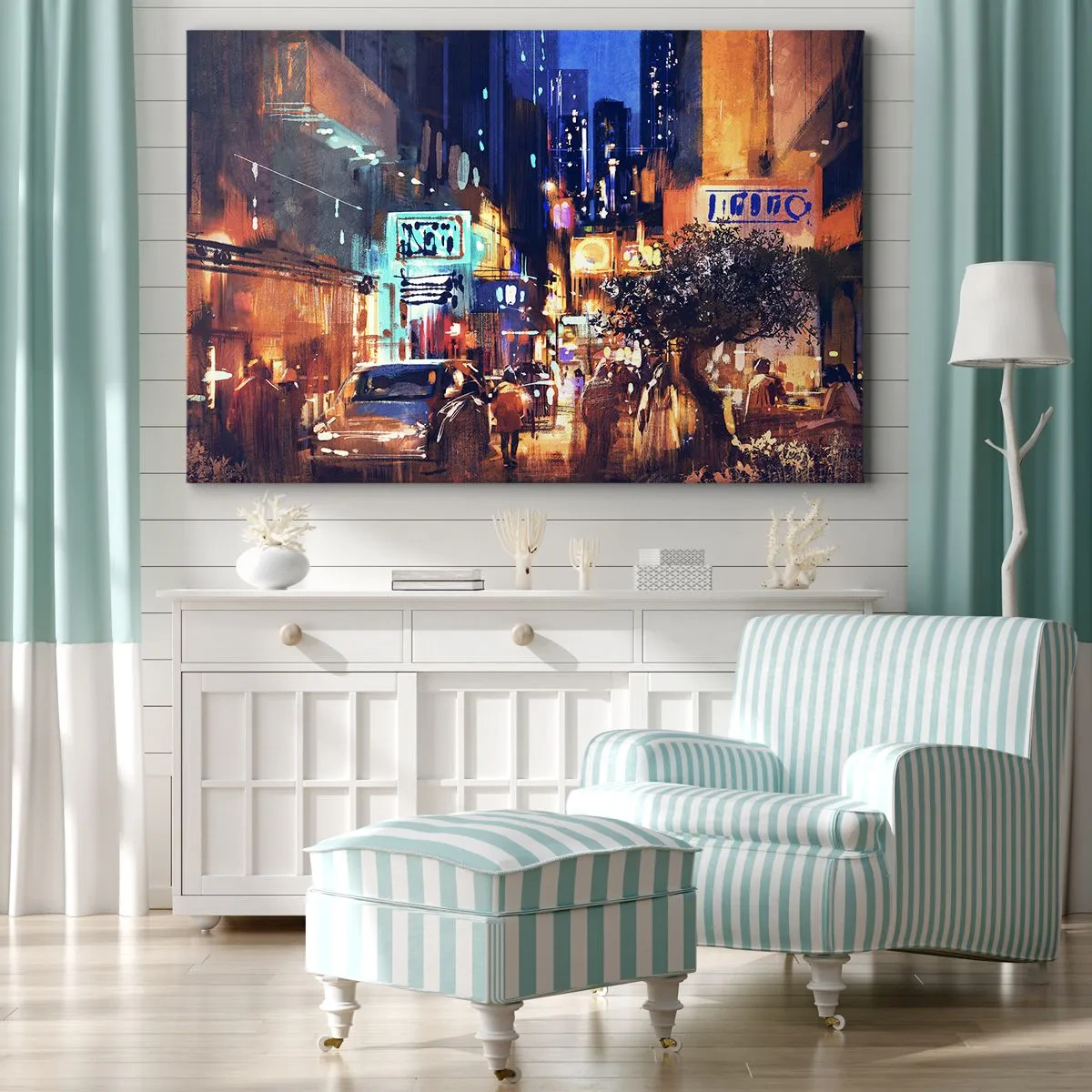 Impression sur toile - Image sur toile - Paysage urbain du soir dans le style impressionniste - 70x50cm - Et la ville ne dort pas - Décoration murale moderne pour le salon et la chambre ARTTOR