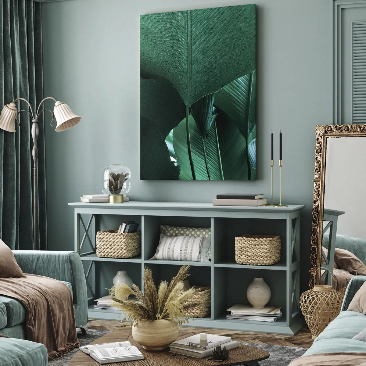 Impression sur toile - Image sur toile - Feuilles vertes dans une composition minimaliste - 50x70cm - Tourné vers la lumière - Décoration murale moderne pour le salon et la chambre ARTTOR