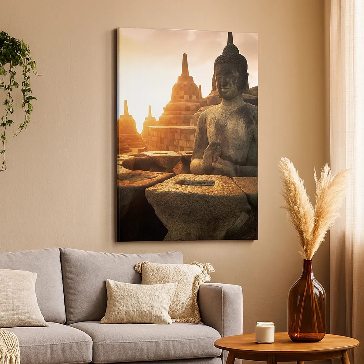 Impression sur toile - Image sur toile - Statue de Bouddha au temple de Borobudur au coucher du soleil - 50x70cm - Temps de grande sagesse - Décoration murale moderne pour le salon et la chambre ARTTOR