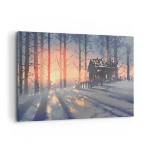 Impression sur toile - Image sur toile - Un chalet forestier dans un paysage hivernal avec les rayons du soleil couchant - 120x80cm - Seul le soleil regarde ici - Décoration murale moderne pour le salon et la chambre ARTTOR