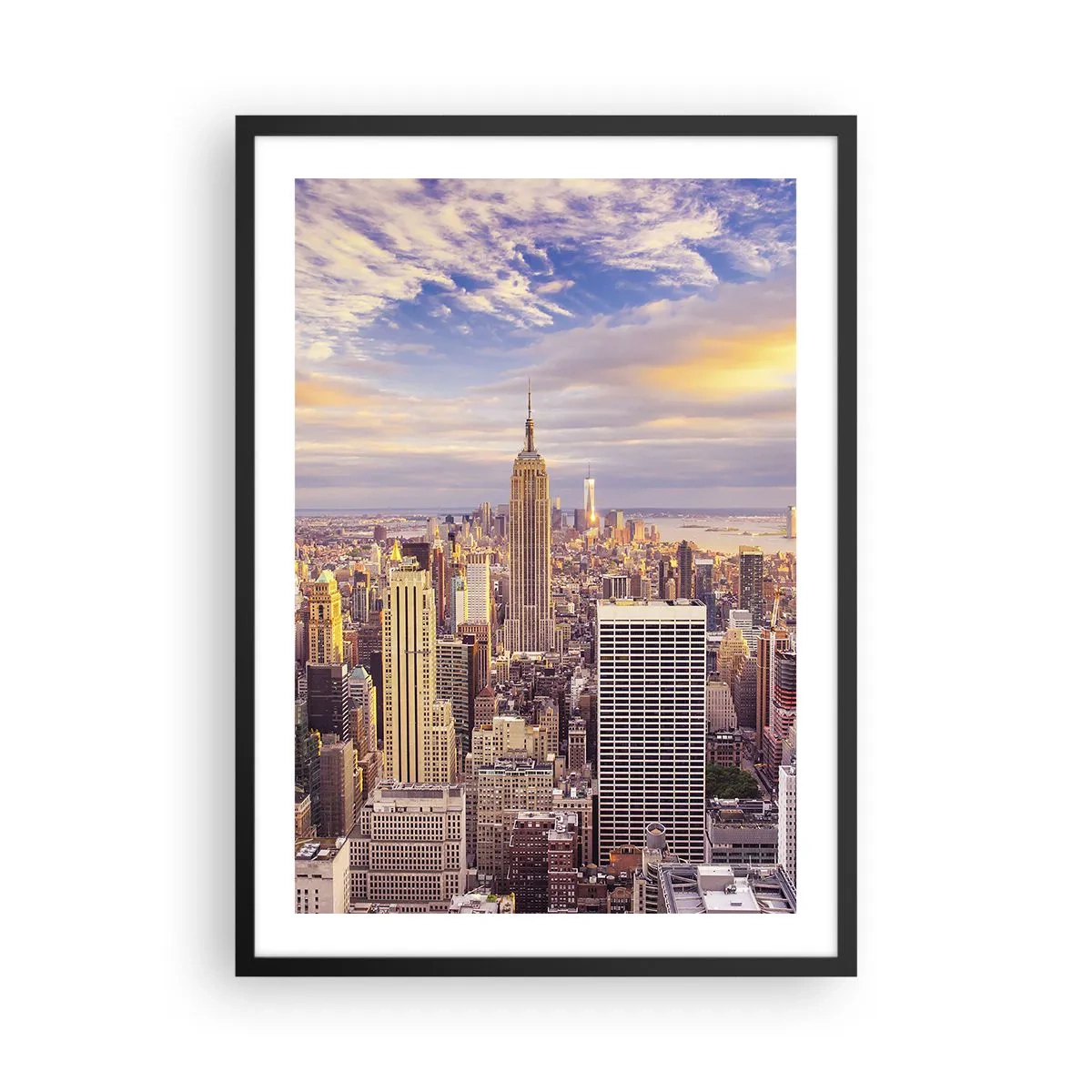 Affiche dans un cadre noir - Poster - Panorama de New York depuis l'Empire State Building au coucher du soleil - 50x70cm - Atteindre les nuages