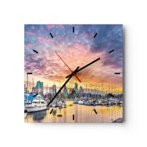 Horloge murale - Pendule murale - Marina avec yachts et paysage urbain au coucher du soleil - 30x30cm - La cité aux mille marins - Décoration murale moderne pour le salon et la chambre ARTTOR