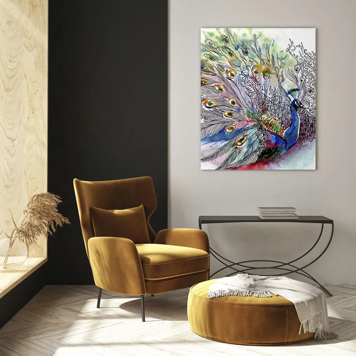 Impression sur verre - Image sur verre - Paon coloré dans un style aquarelle artistique - 50x70cm - Avec fierté contre la grisaille - Décoration murale moderne pour le salon et la chambre ARTTOR