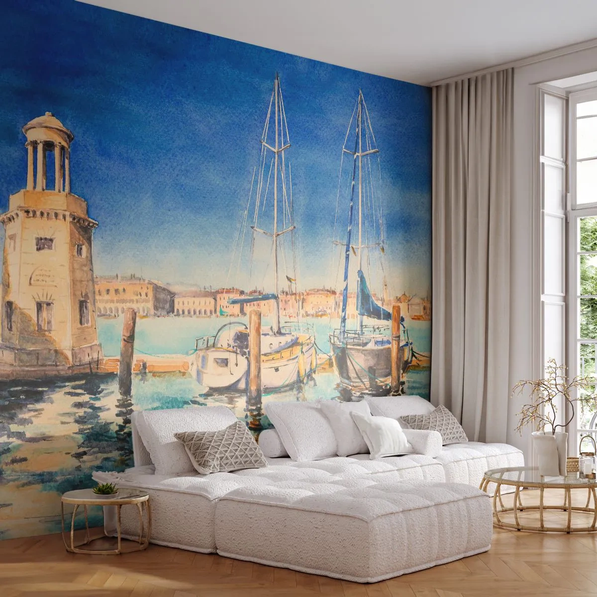 Papier Peint Photo Standard Eco - Lagune ensoleillée - port, Paysage, Phare - 350x256 cm