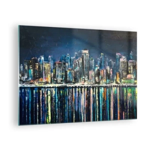 Impression sur verre - Image sur verre - Panorama de la ville la nuit avec les lumières se reflétant dans l'eau - 70x50cm - Cascade de lumières - Décoration murale moderne pour le salon et la chambre ARTTOR