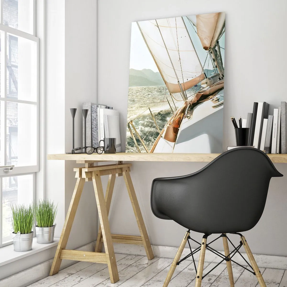 Impression sur verre - Image sur verre - Un yacht en pleine mer avec vue sur les montagnes - 80x120cm - Toutes voiles dehors - Décoration murale moderne pour le salon et la chambre ARTTOR