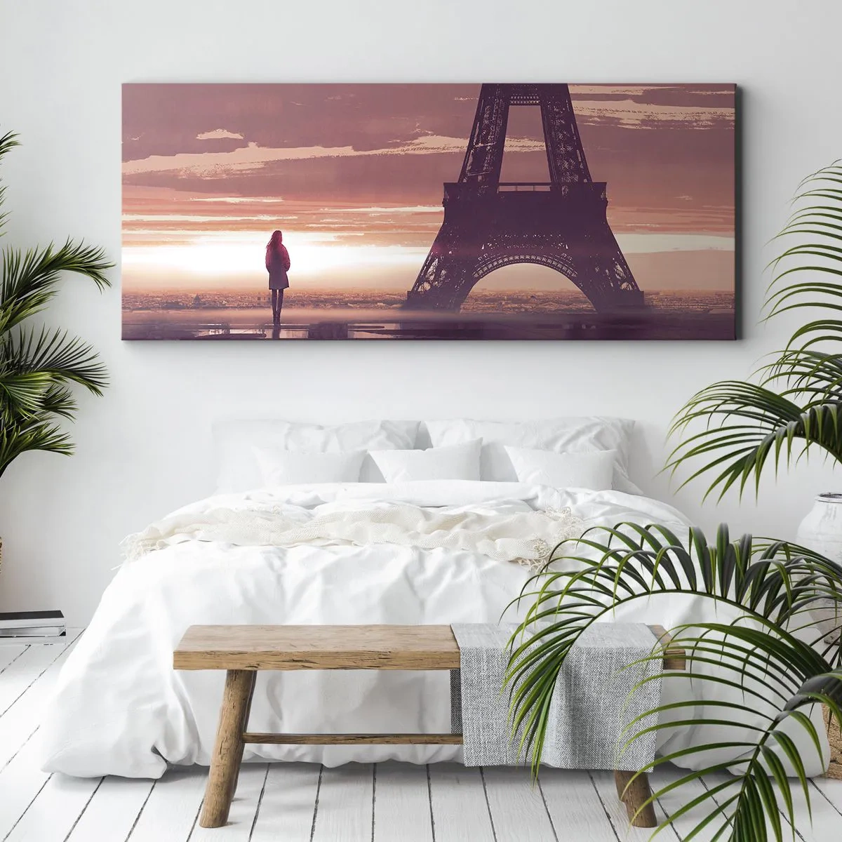 Impression sur toile - Image sur toile - Une silhouette regardant la Tour Eiffel à la lumière du soleil couchant - 160x50cm - Seulement deux d'entre eux - Décoration murale moderne pour le salon et la chambre ARTTOR