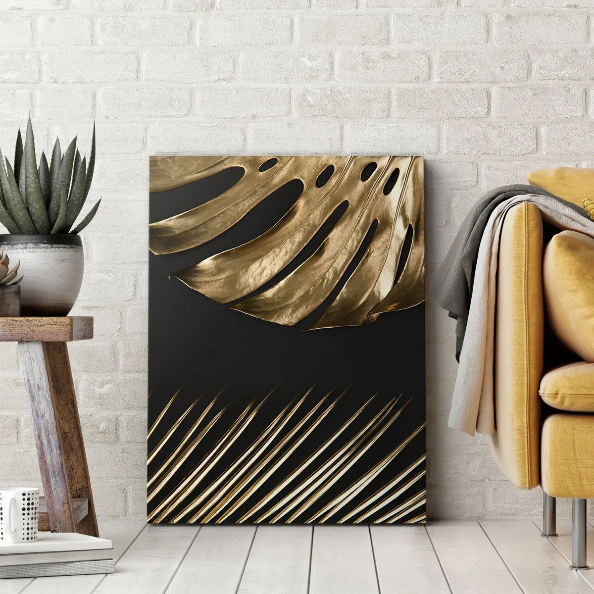 Impression sur toile - Image sur toile - Feuilles dorées sur fond noir - 70x100cm - Différent et tout aussi cher - Décoration murale moderne pour le salon et la chambre ARTTOR
