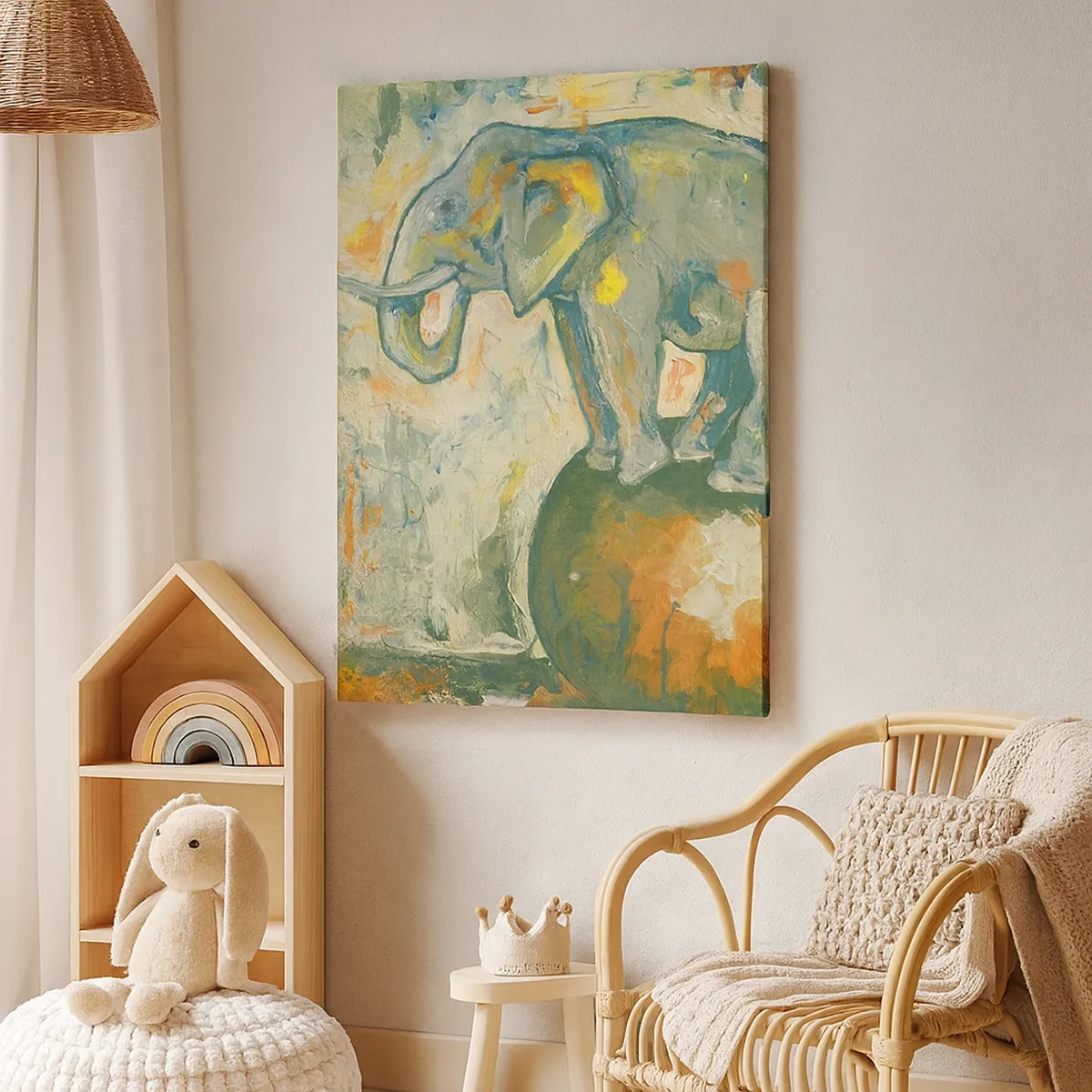Impression sur toile - Image sur toile - Un éléphant en équilibre sur une balle dans un style artistique - 50x70cm - Que vive le cirque ! - Décoration murale moderne pour le salon et la chambre ARTTOR