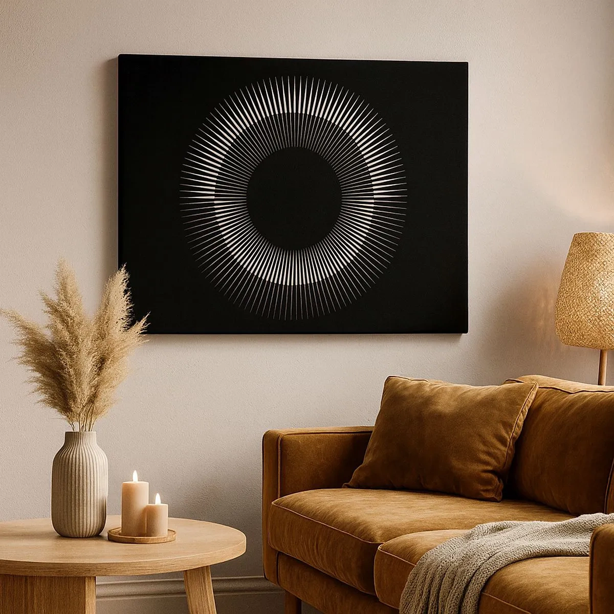 Impression sur toile - Image sur toile - Cercle graphique avec des rayons en noir et blanc - 70x50cm - Soleil noir - Décoration murale moderne pour le salon et la chambre ARTTOR