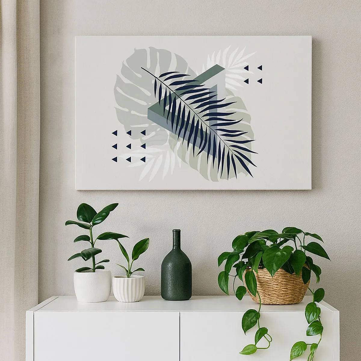 Impression sur toile - Image sur toile - Composition géométrique avec des feuilles tropicales dans des tons verts - 70x50cm - Nature et géométrie - deux odres? - Décoration murale moderne pour le salon et la chambre ARTTOR