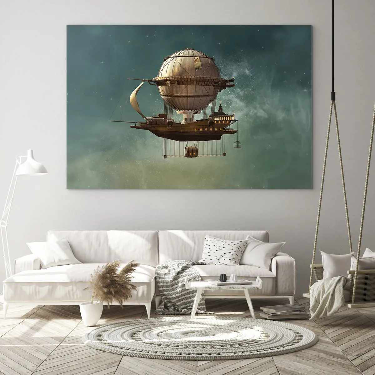 Impression sur verre - Image sur verre - Un dirigeable volant avec une maison de style rétro dans le ciel - 70x50cm - Jules Verne vous salue - Décoration murale moderne pour le salon et la chambre ARTTOR