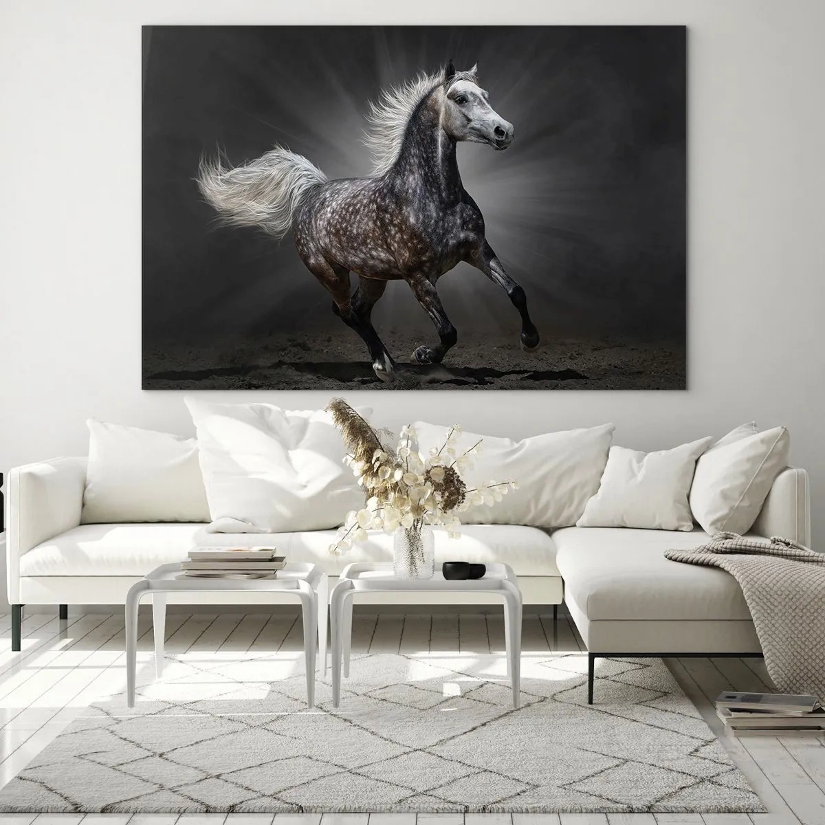 Impression sur verre - Image sur verre - Un cheval au galop sur un fond sombre avec un effet d'éclairage. - 100x70cm - Le gris est beau - Décoration murale moderne pour le salon et la chambre ARTTOR