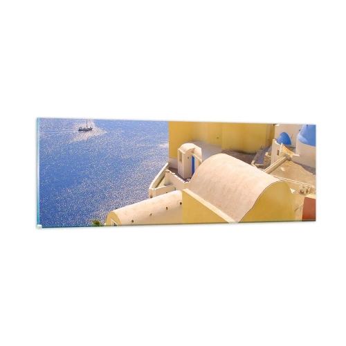 Impression sur verre - Image sur verre - Paysage grec en blanc et bleu ciel - 90x30 cm