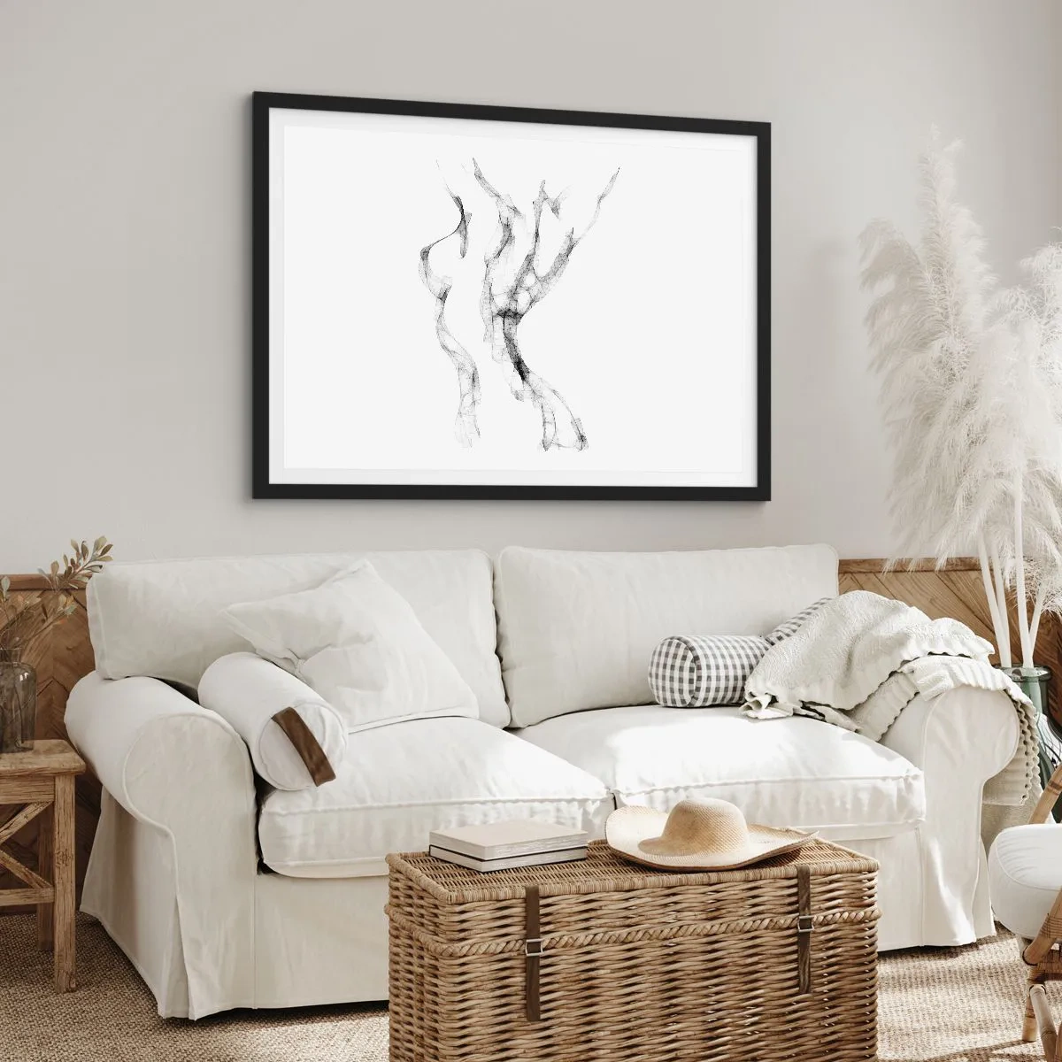 Affiche dans un cadre noir - Poster - Des lignes délicates et abstraites ressemblant à des traînées de fumée sur un fond clair - 70x50cm - Belle et forte - Décoration murale moderne pour le salon et la chambre ARTTOR