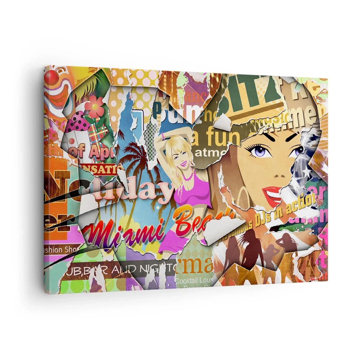 Impression sur toile - Image sur toile - Un collage coloré avec des éléments rétro et pop art. - 70x50cm - Souvenirs de vacances - Décoration murale moderne pour le salon et la chambre ARTTOR