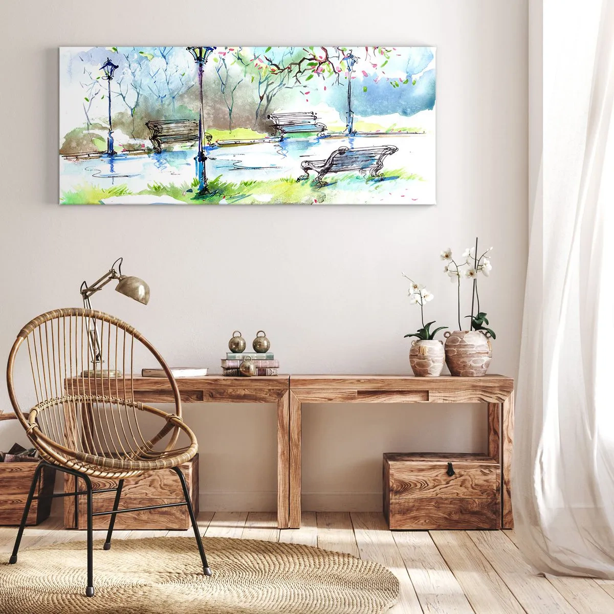 Impression sur toile - Image sur toile - Scène de parc à l'aquarelle avec bancs et lampes - 160x50cm - Le charme du silence d'un parc - Décoration murale moderne pour le salon et la chambre ARTTOR