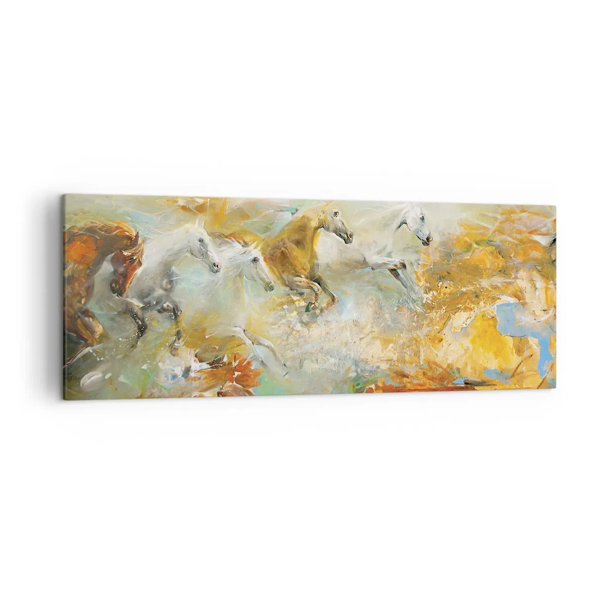 Impression sur toile - Image sur toile - Des chevaux artistiques dans un cadre dynamique et coloré - 140x50cm - Au galop vers la lumière - Décoration murale moderne pour le salon et la chambre ARTTOR