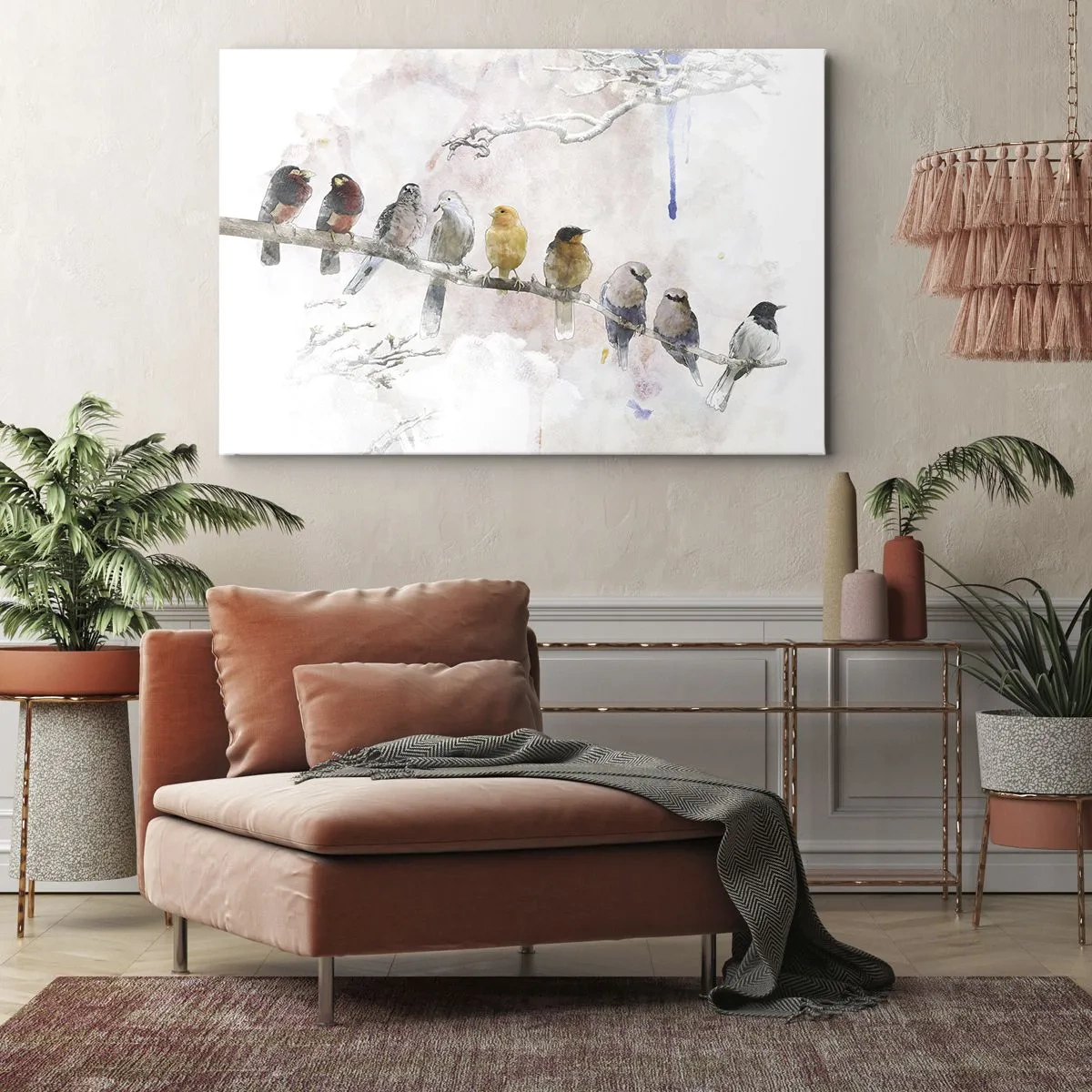 Impression sur toile - Image sur toile - Oiseaux colorés sur une branche dans un style aquarelle - 120x80cm - Rencontre ailée - Décoration murale moderne pour le salon et la chambre ARTTOR