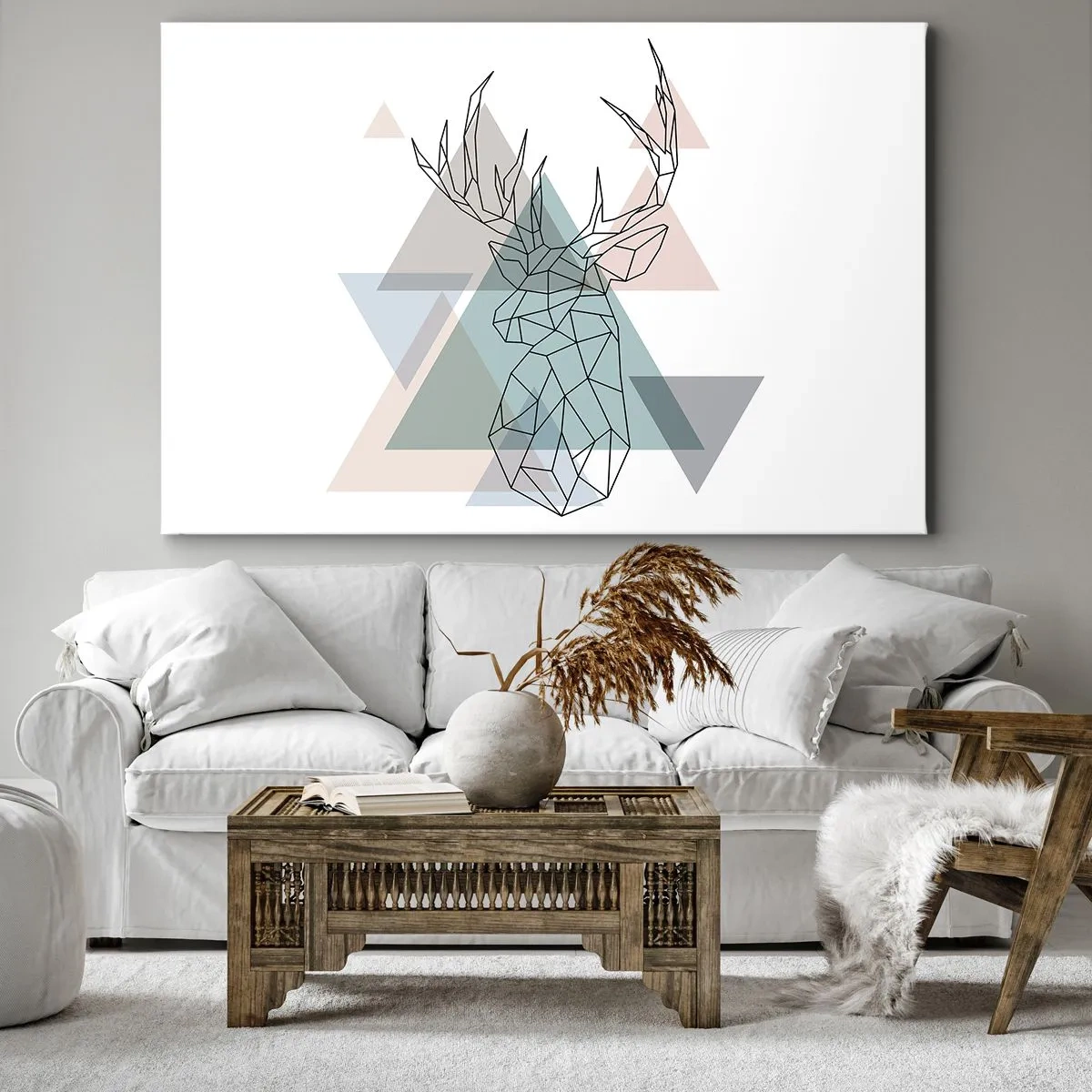 Impression sur toile - Image sur toile - Cerf géométrique sur fond de triangles pastel - 120x80cm - Dans une forêt géométrique - Décoration murale moderne pour le salon et la chambre ARTTOR