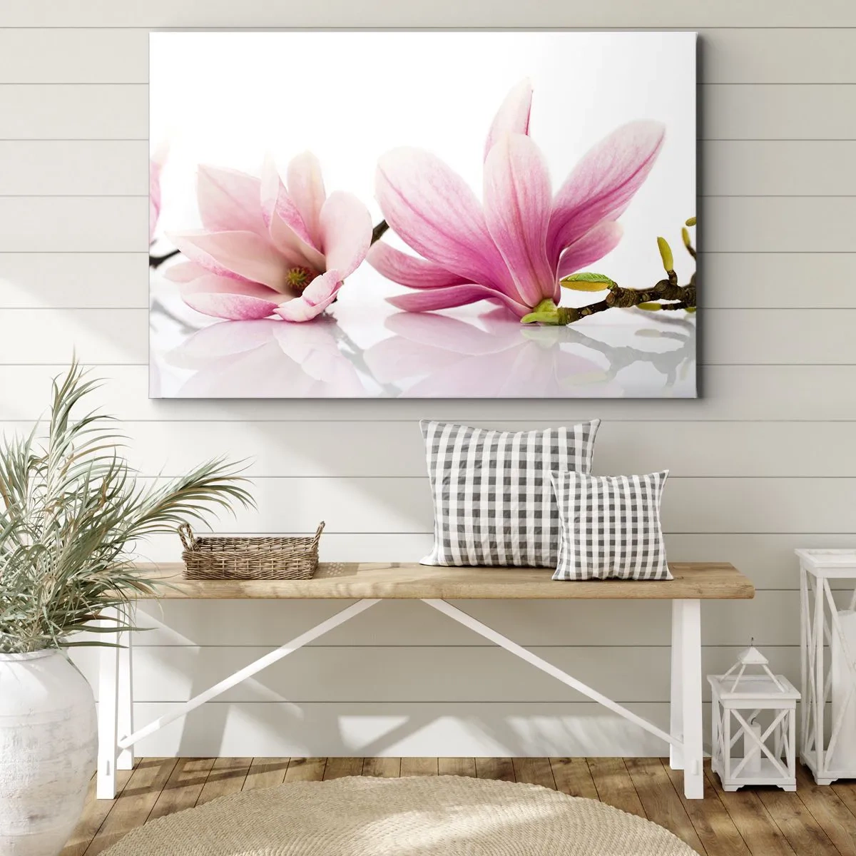 Impression sur toile - Image sur toile - Magnolias roses délicats sur fond blanc - 70x50cm - Délicat comme une brise de printemps - Décoration murale moderne pour le salon et la chambre ARTTOR
