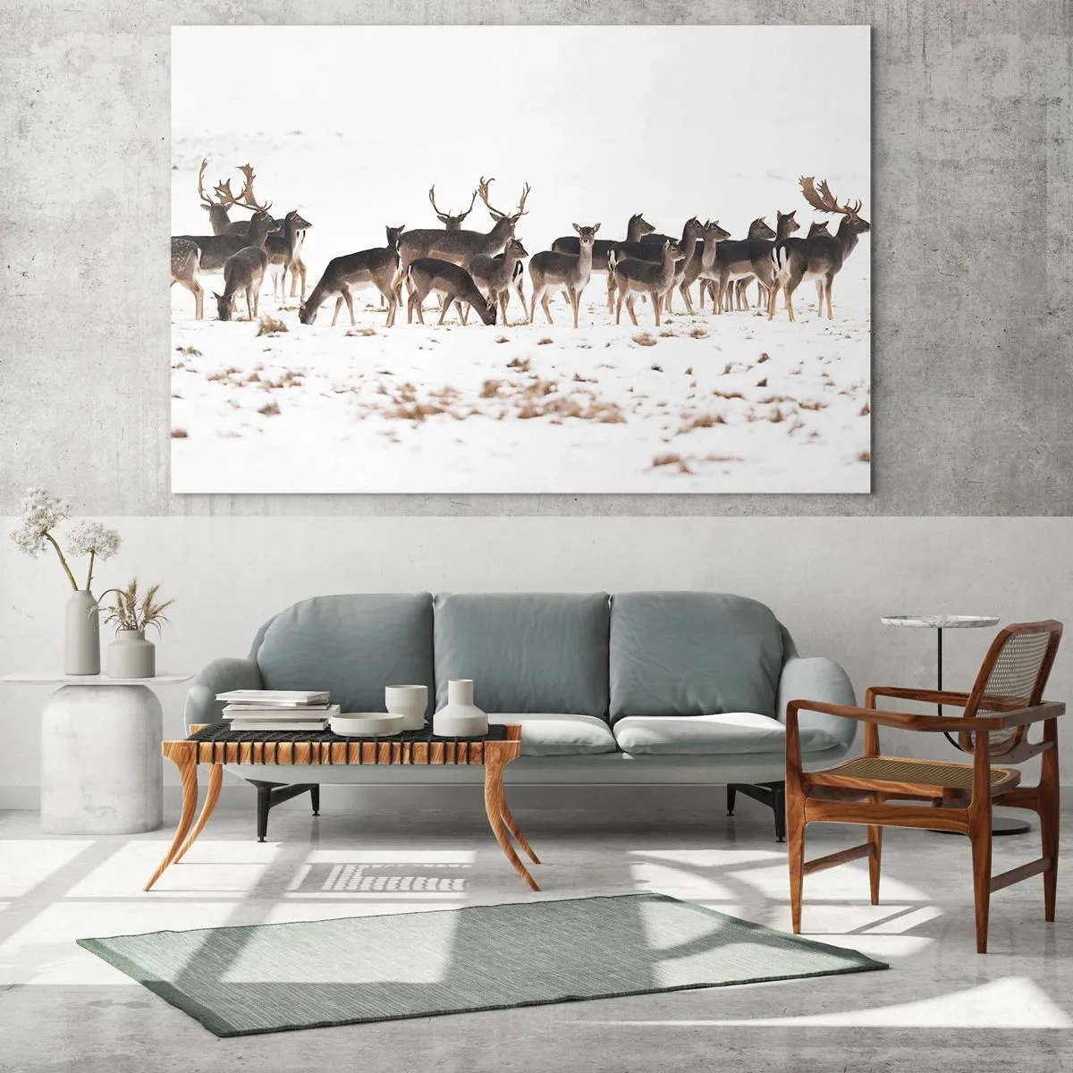 Impression sur verre - Image sur verre - Une photographie d'un troupeau de cerfs dans un paysage enneigé - 70x50cm - Les fêtes approchent ? - Décoration murale moderne pour le salon et la chambre ARTTOR