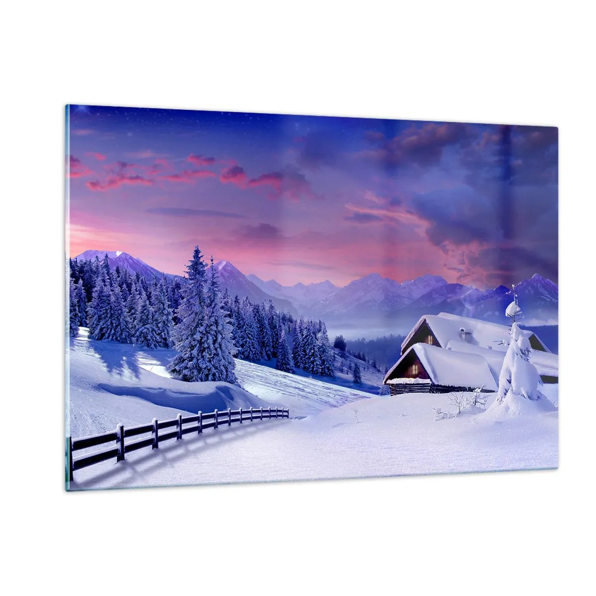 Impression sur verre - Image sur verre - Paysage d'hiver avec un chalet et des montagnes enneigées - 120x80cm - Douce nuit - Décoration murale moderne pour le salon et la chambre ARTTOR