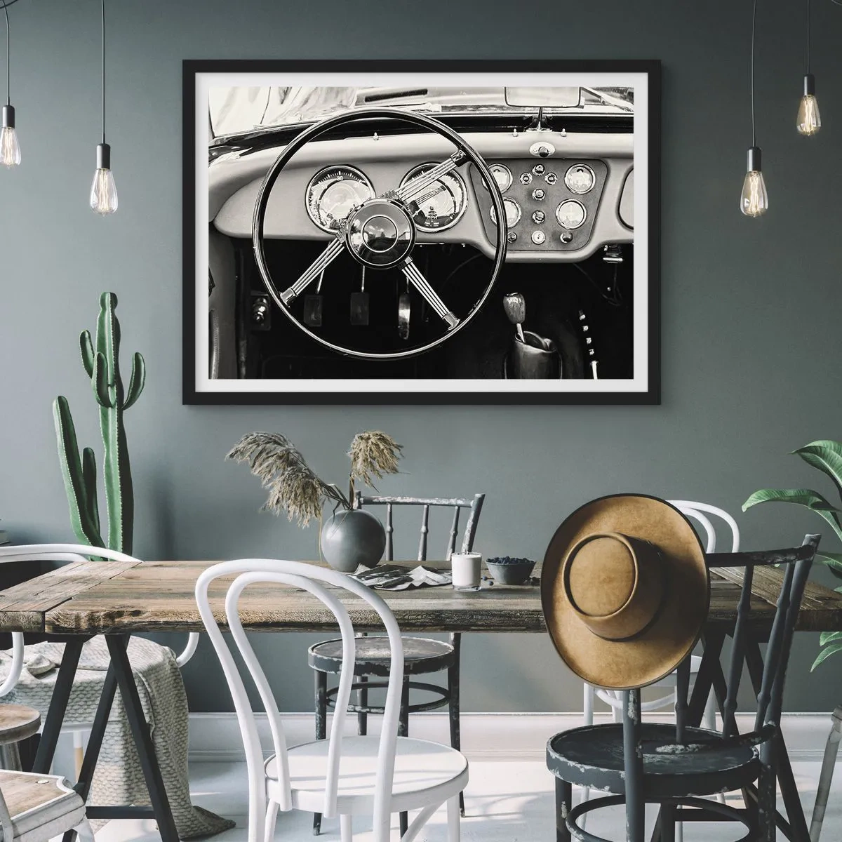 Affiche dans un cadre noir - Poster - Intérieur de voiture classique noir et blanc - 100x70cm - Rêve de collectionneur - Décoration murale moderne pour le salon et la chambre ARTTOR