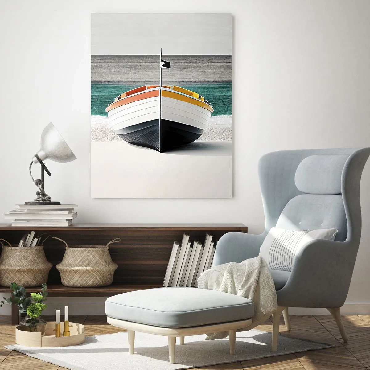 Impression sur verre - Image sur verre - Un bateau sur la plage avec une mer turquoise en arrière-plan - 70x100cm - A sa place - Décoration murale moderne pour le salon et la chambre ARTTOR