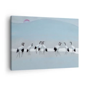 Impression sur toile - Image sur toile - Un groupe de grues contre un ciel bleu et le soleil levant - 70x50cm - Après une chaude journée - Décoration murale moderne pour le salon et la chambre ARTTOR