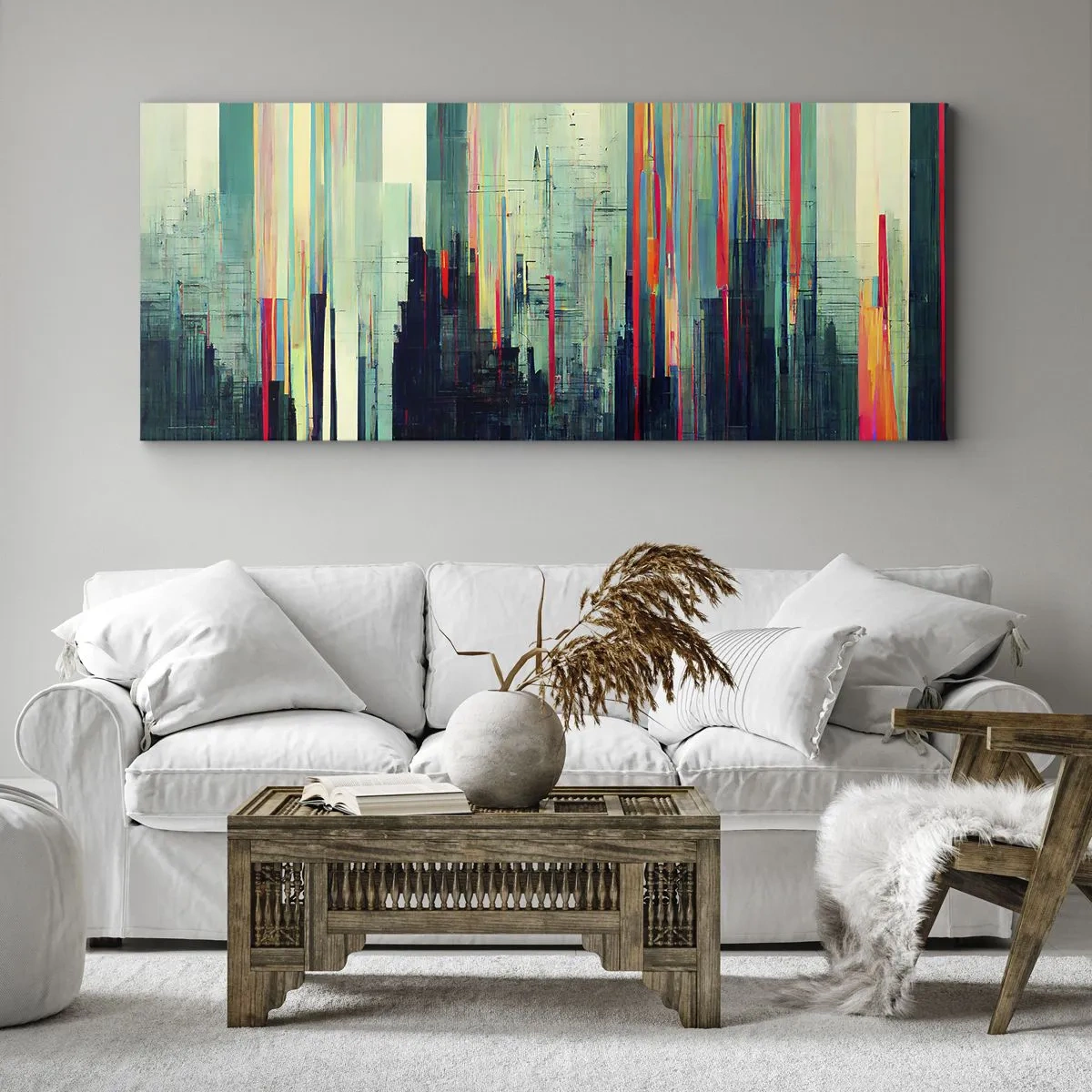 Impression sur toile - Image sur toile - Abstraction avec des lignes verticales et un horizon urbain - 160x50cm - Ville futuriste - Décoration murale moderne pour le salon et la chambre ARTTOR