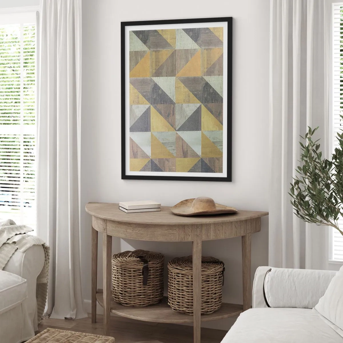 Affiche dans un cadre noir - Poster - Motif géométrique dans les tons d'or et de gris - 50x70cm - Suivant l'angle du triangle - Décoration murale moderne pour le salon et la chambre ARTTOR
