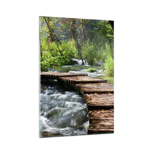 Impression sur verre - Image sur verre - Un pont en bois sur un ruisseau tumultueux entouré par la verdure de la forêt. - 80x120cm - Au-dessus de la cascade mousseuse - Décoration murale moderne pour le salon et la chambre ARTTOR