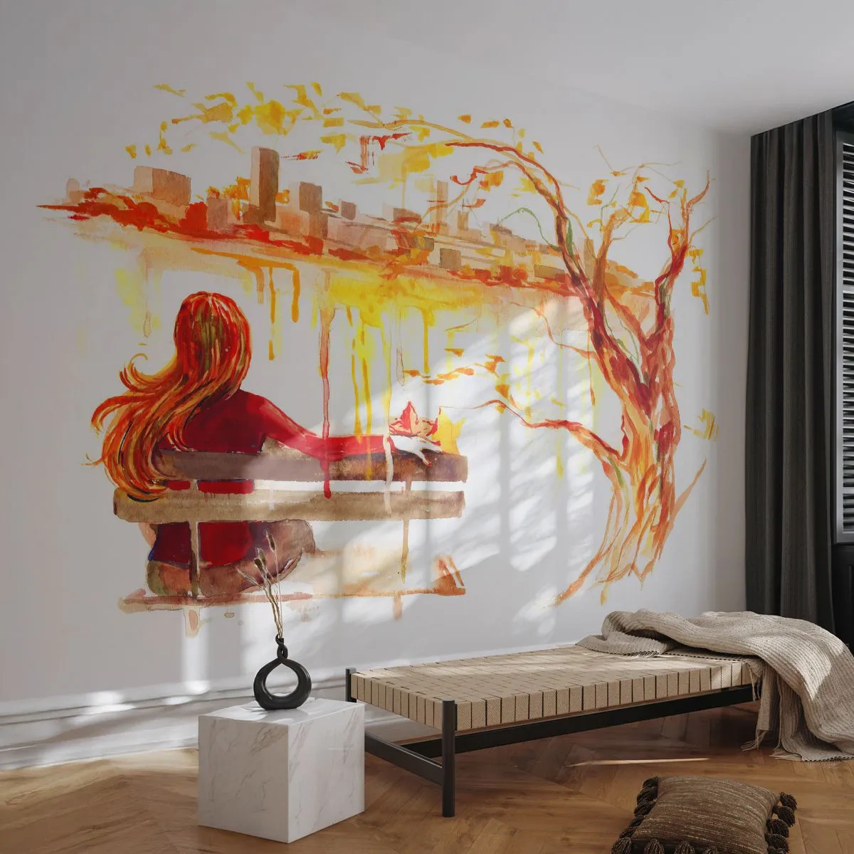 Papier Peint Photo Premium Sand - Une femme sur un banc regardant la ville dans un style aquarelle. - 100x70cm - Un moment de réflexion - Décoration murale moderne pour le salon et la chambre ARTTOR