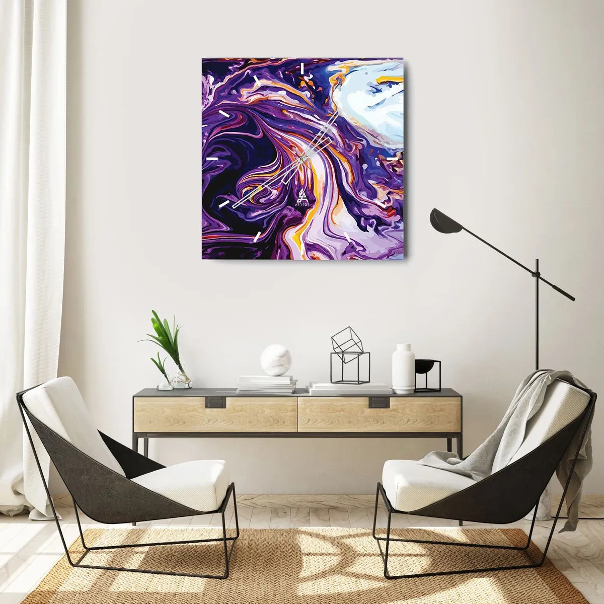 Horloge murale - Pendule murale - Un motif abstrait dynamique dans des tons de violet et de jaune. - 30x30cm - La courbure de l'espace en violet - Décoration murale moderne pour le salon et la chambre ARTTOR