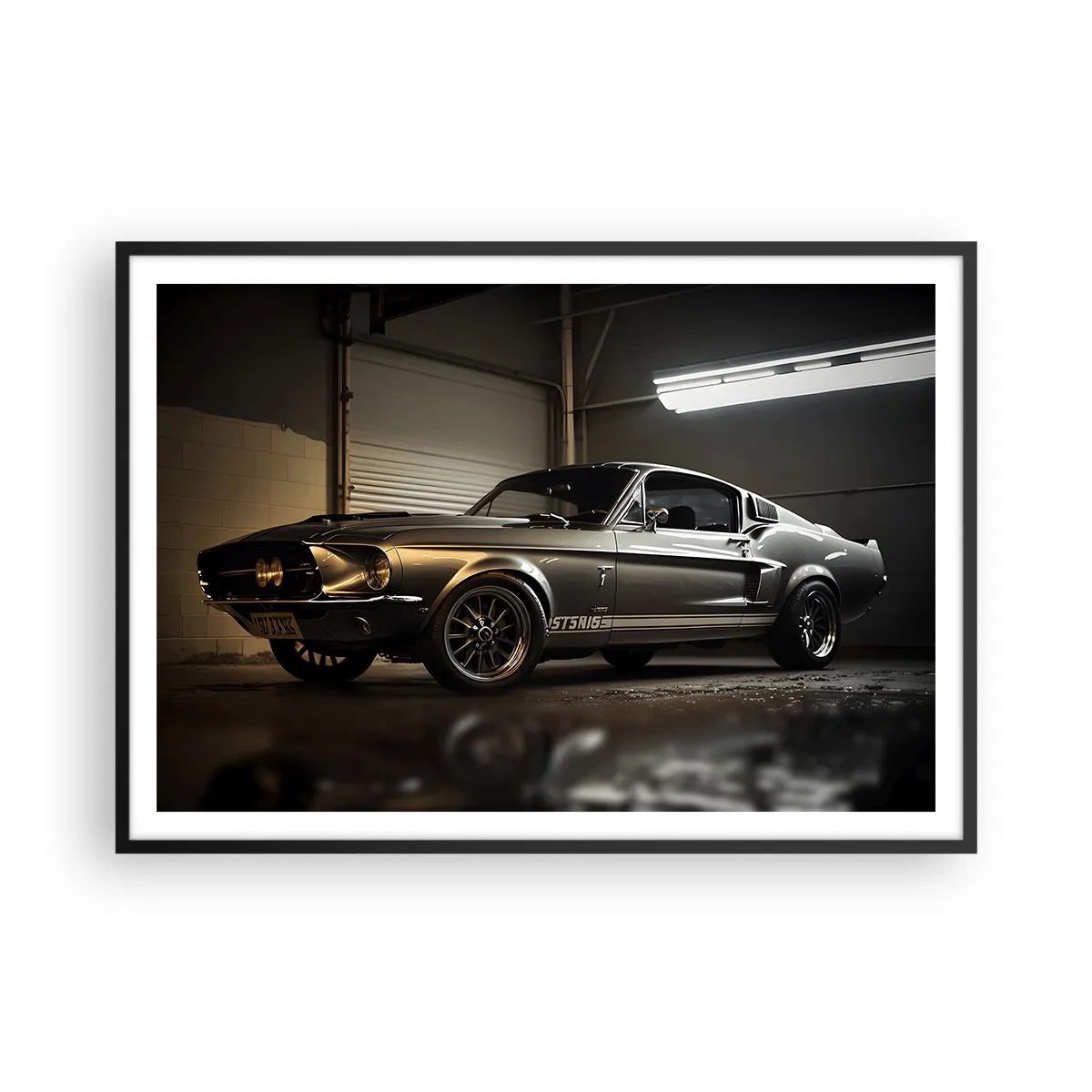 Affiche dans un cadre noir - Poster - Voiture classique dans un garage rétro - 100x70cm - Retour dans le passé - Décoration murale moderne pour le salon et la chambre ARTTOR