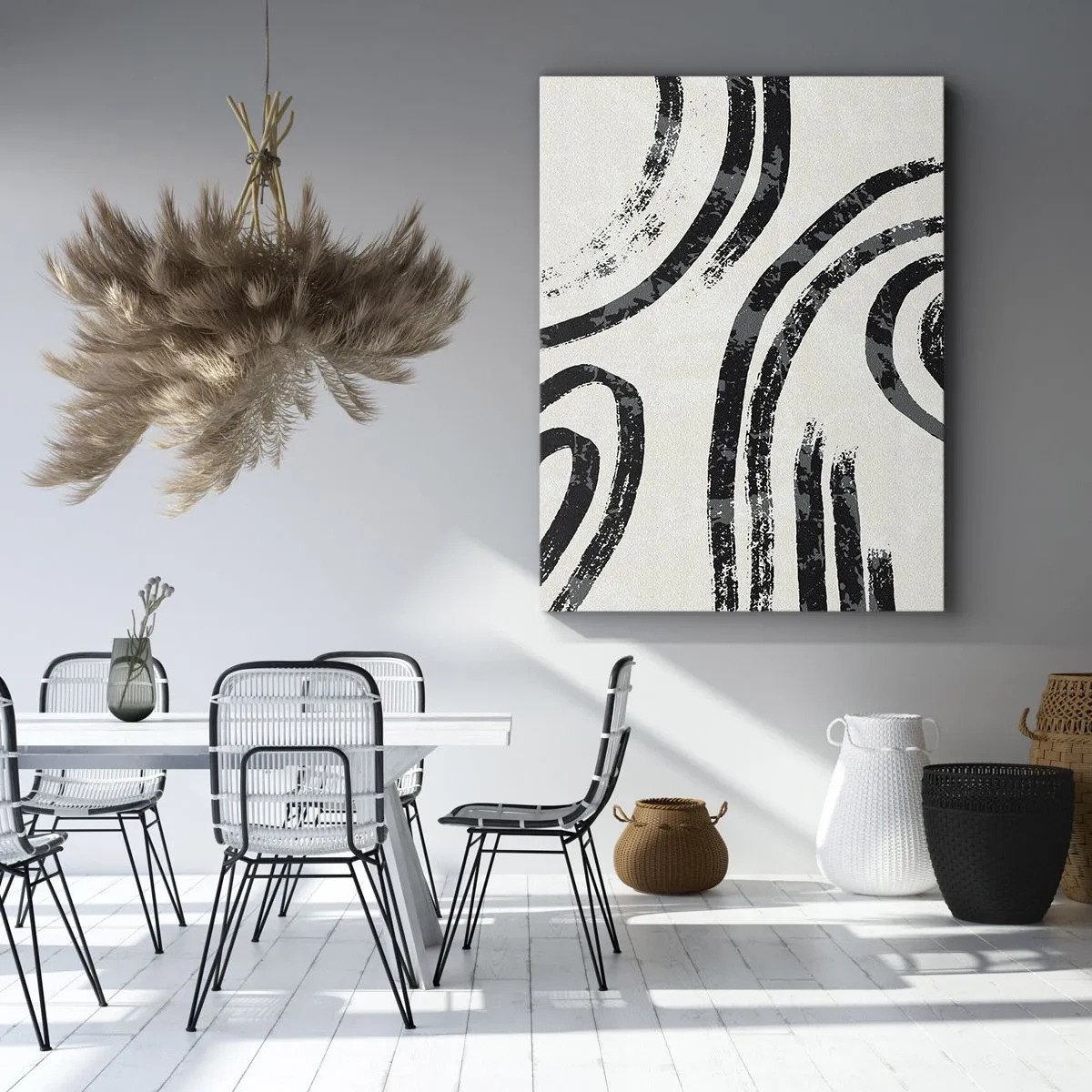 Impression sur toile - Image sur toile - Lignes abstraites noires et blanches sur fond clair - 50x70cm - À moitié arrêté - Décoration murale moderne pour le salon et la chambre ARTTOR