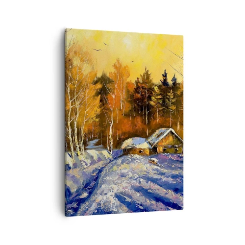 Impression sur toile - Image sur toile - Paysage d'hiver avec une maison à la lumière du soleil couchant - 50x70cm - Impression d'hiver au soleil - Décoration murale moderne pour le salon et la chambre ARTTOR